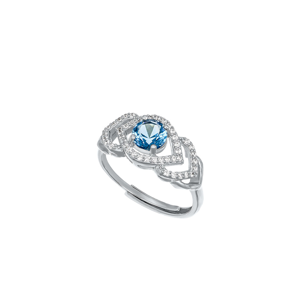 Silberfarbener Damenring mit funkelndem Aquamarin-Zirkonia und filigranem Herzdesign von Crystalp