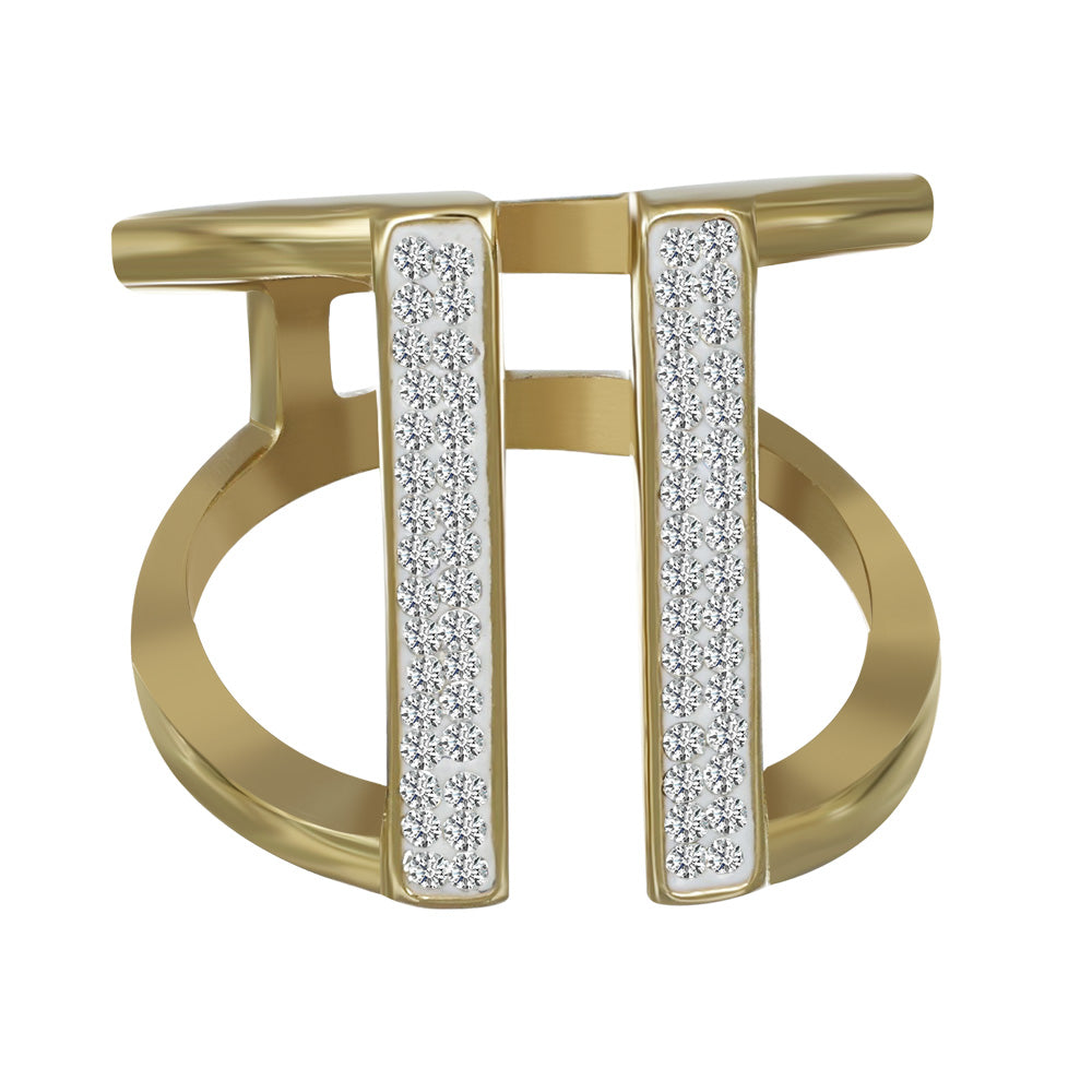 Goldener Ring mit klaren Swarovski® Kristallen in zwei vertikalen Linien. Offenes, modernes Design als elegantes Statement-Piece.