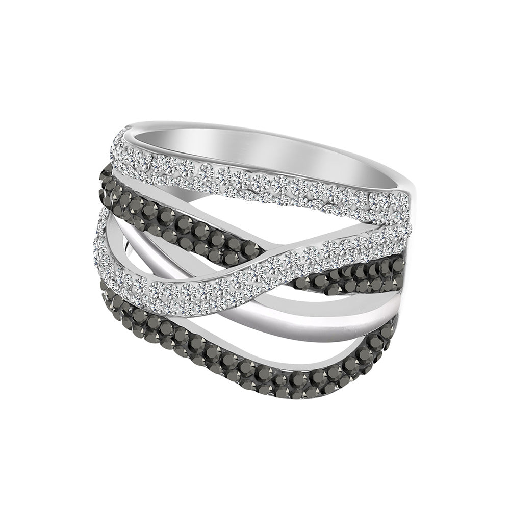 Silberner Edelstahlring mit hellen und dunklen Swarovski® Kristallen im mehrreihigen, geschwungenen Design.