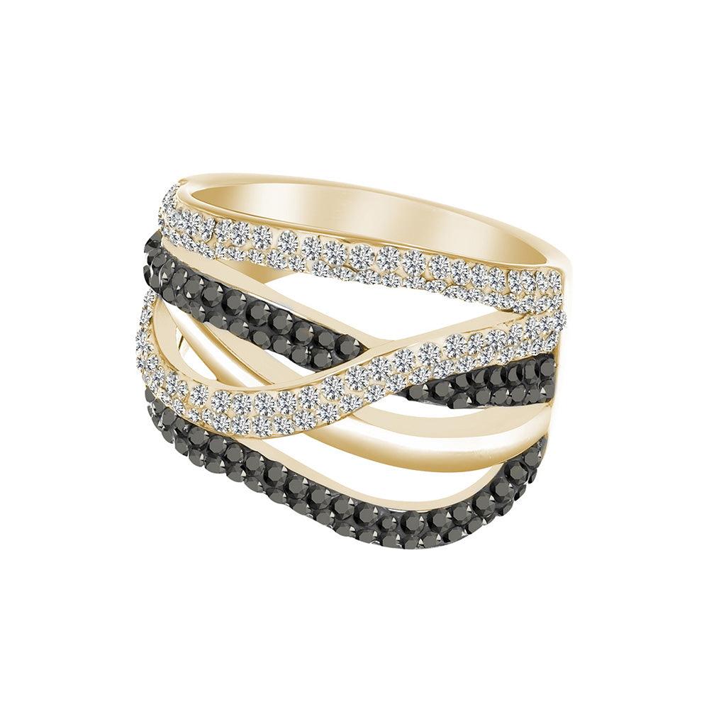 Goldfarbener Edelstahlring mit hellen und dunklen Swarovski® Kristallen im mehrreihigen, geschwungenen Design.