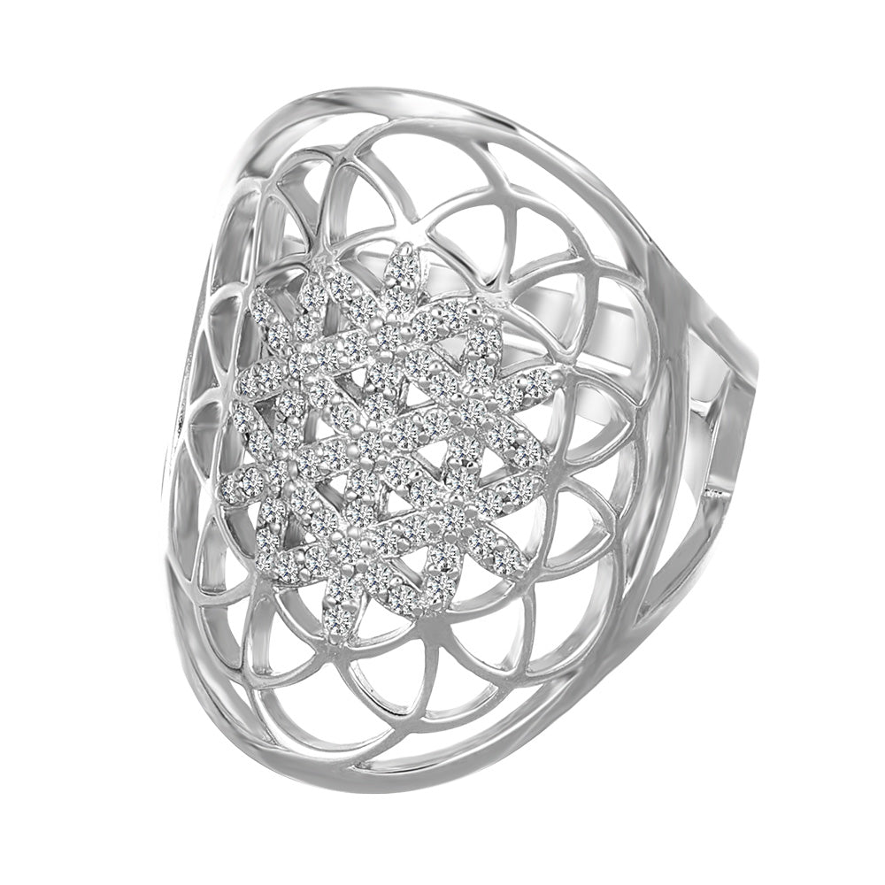 Flower of Life Ring silbern mit filigranem Blütenmuster aus Sterling Silber edles Design mit Swarovski Kristalle