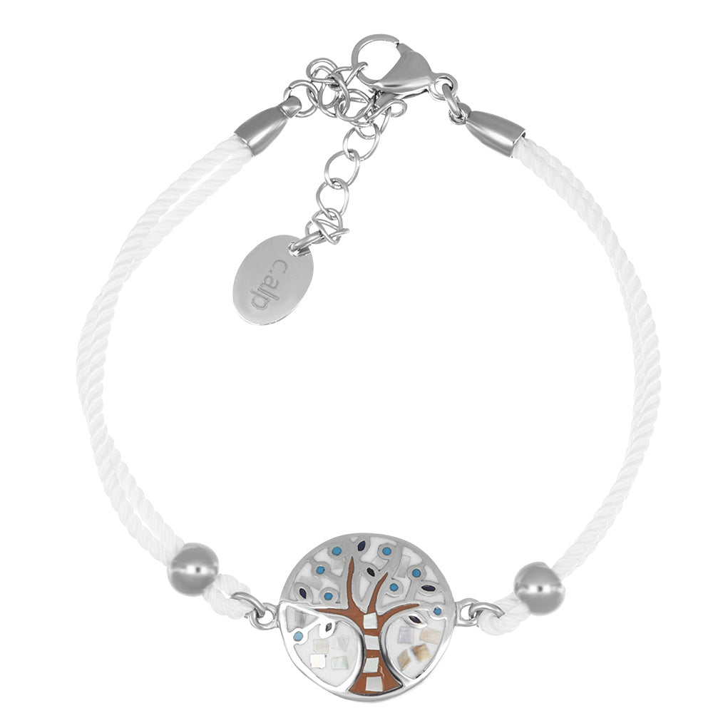 Tree of Life Bracelet Edelstahl mit weißem Band silberner Lebensbaum steht für Kraft Wachstum und Verbundenheit