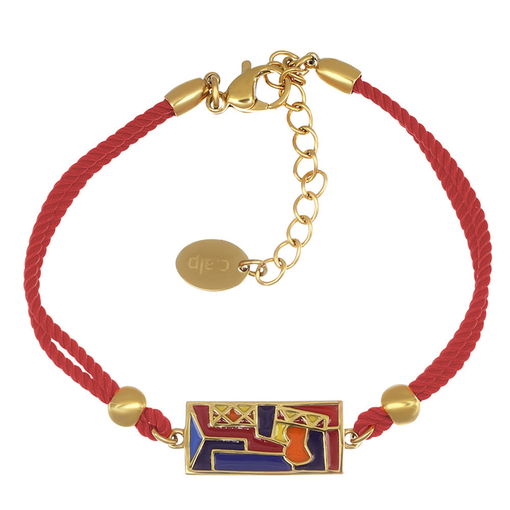 Armband Edelstahl mit rotem Band goldfarben rechteckiges Motiv in Blau und Rot verbindet Look und Symbolik