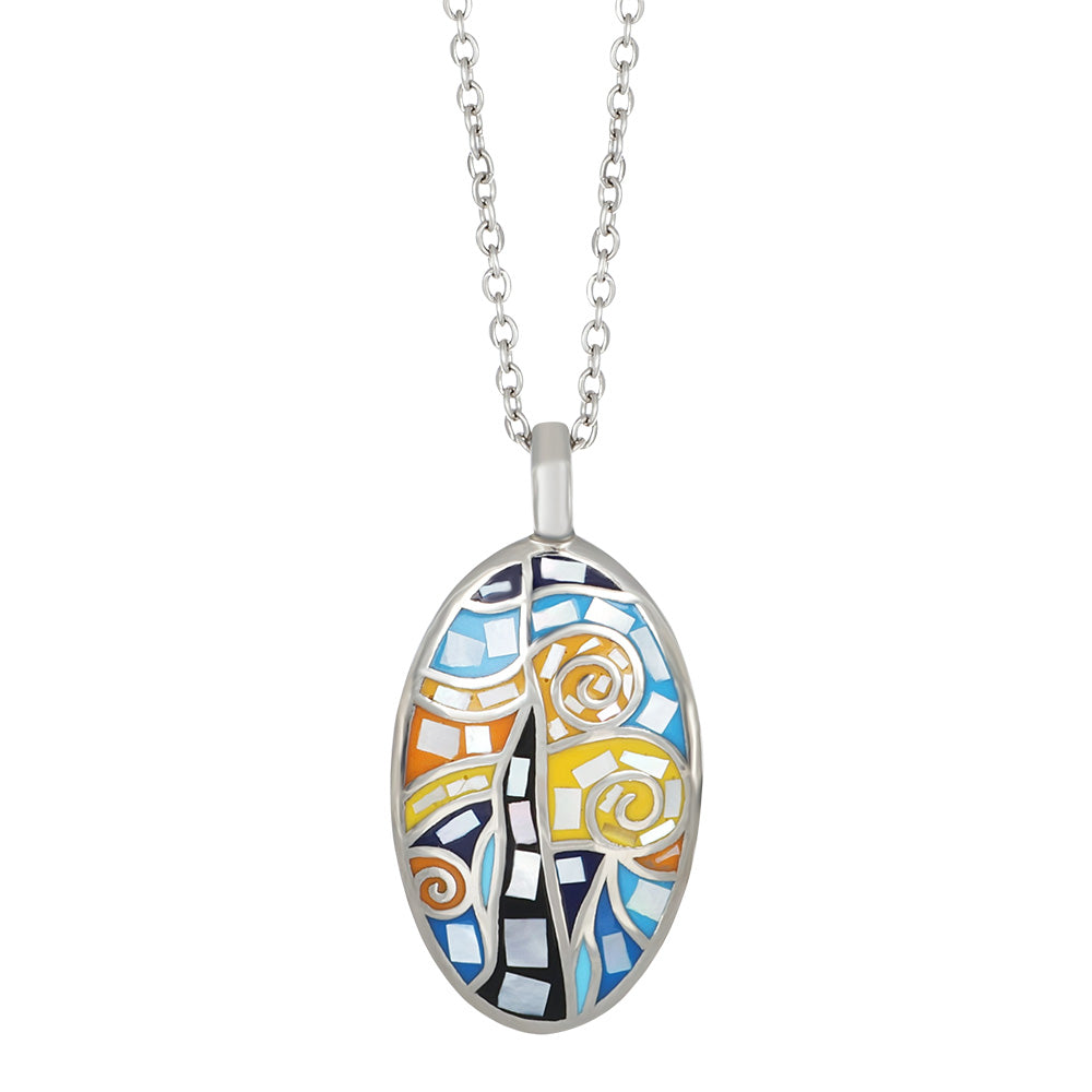 Silberner Edelstahl Anhänger oval mit Mosaik in Blau Gelb Orange inspiriert von Sternennacht kunstvoll und modern