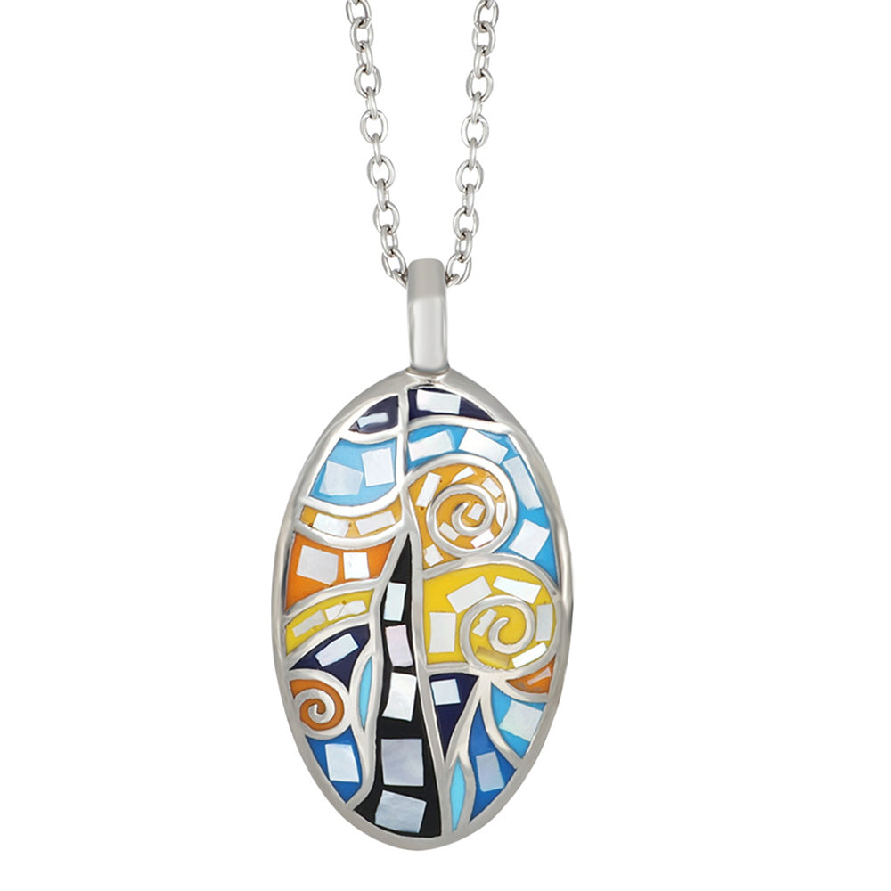 Silberner Edelstahl Anhänger oval mit Mosaik in Blau Gelb Orange inspiriert von Sternennacht kunstvoll und modern
