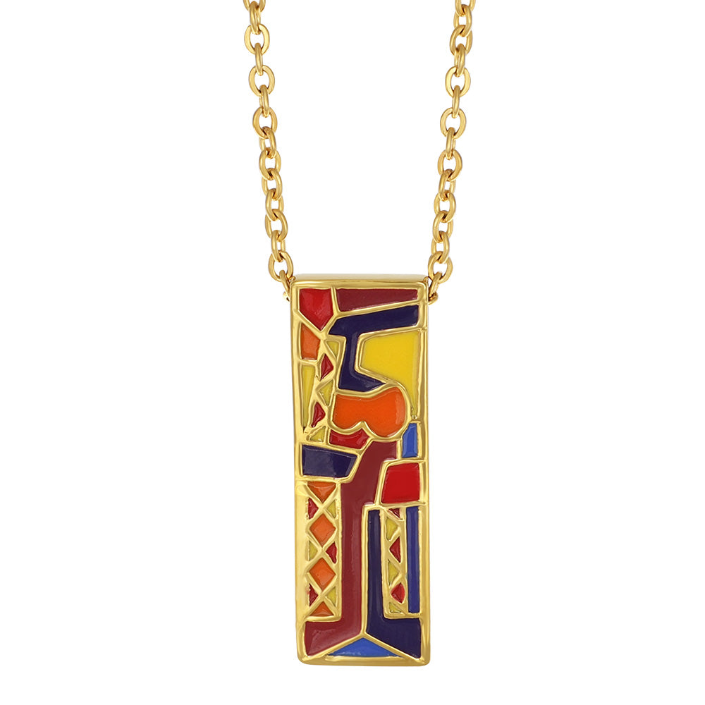 Goldener Edelstahl Anhänger rechteckig mit farbiger Emaille in Rot Gelb Blau Orange inspiriert von Musik modern und künstlerisch