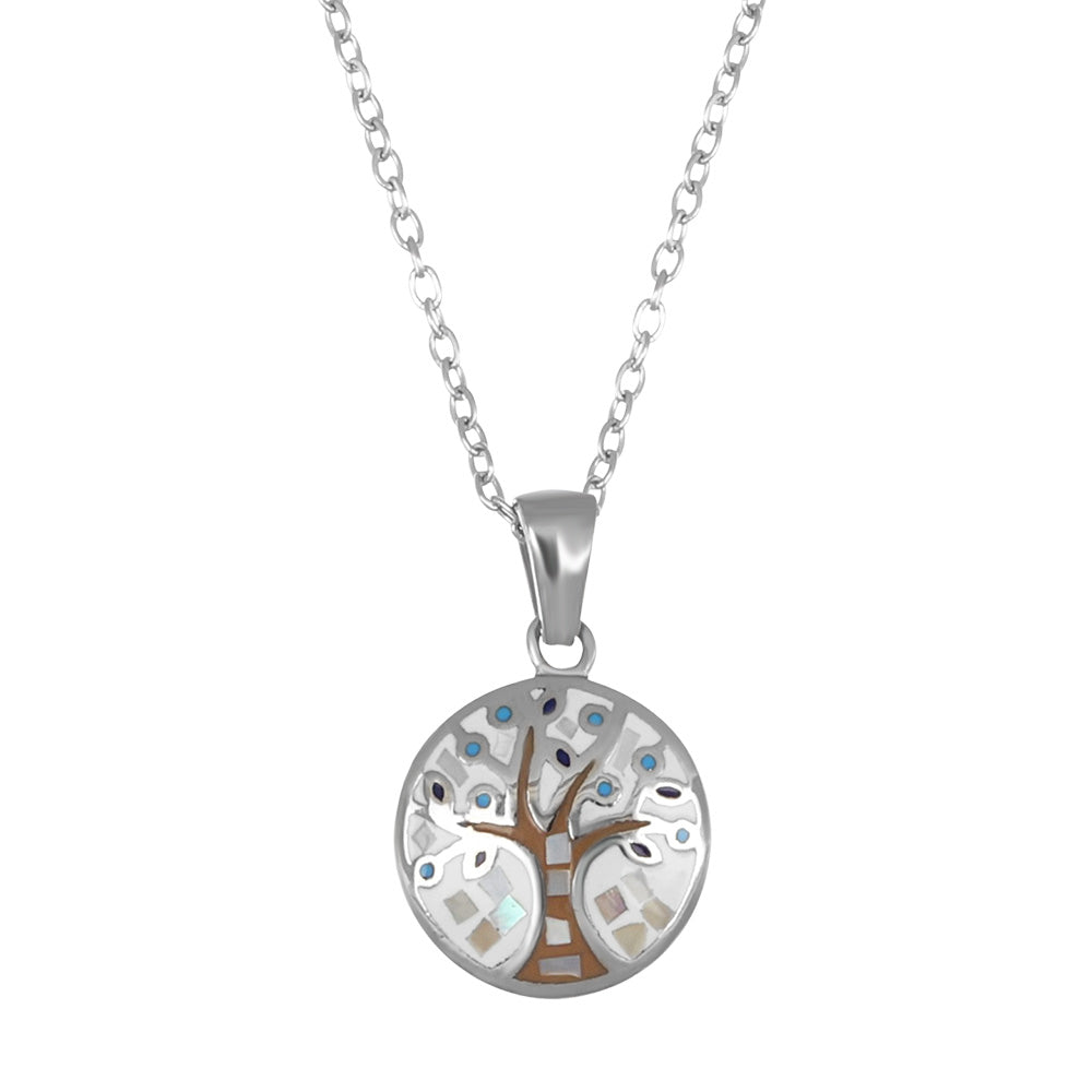 Anhänger Edelstahl mit Lebensbaum in Perlmutt und Blau Mosaik Symbol für Wachstum Stärke und Harmonie
