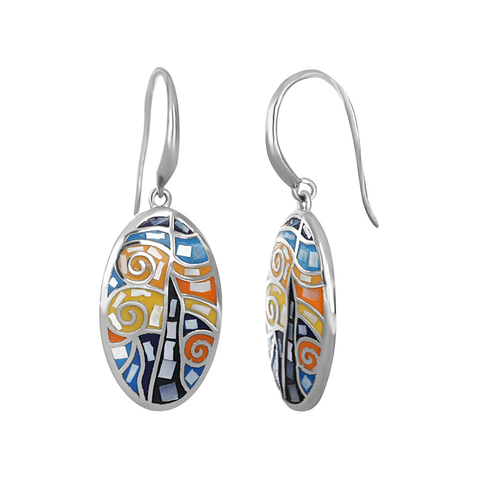 Ohrringe Edelstahl oval mit Mosaik in Blau Gelb Orange inspiriert von Sternennacht kunstvoll und modern