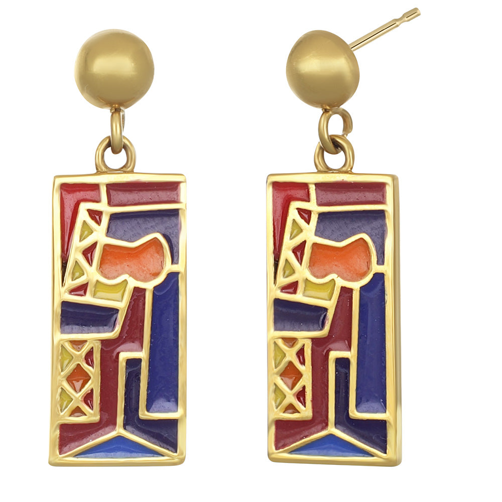 Edelstahl Ohrringe rechteckig in Gold mit Emaille Muster in Rot Blau Orange inspiriert von Kunst und Musik