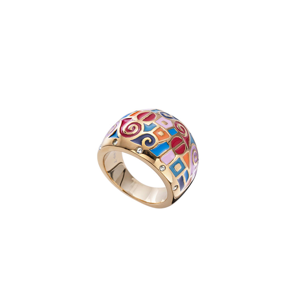 Vergoldeter Statement-Ring mit buntem Emaille-Mosaik und Zirkonia-Akzenten, auffälliger Damenring von Crystalp