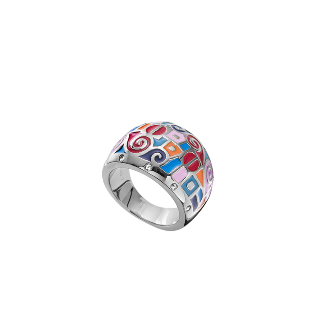 Silberfarbener Statement-Ring mit buntem Emaille-Mosaik und Zirkonia-Akzenten, auffälliger Damenring von Crystalp