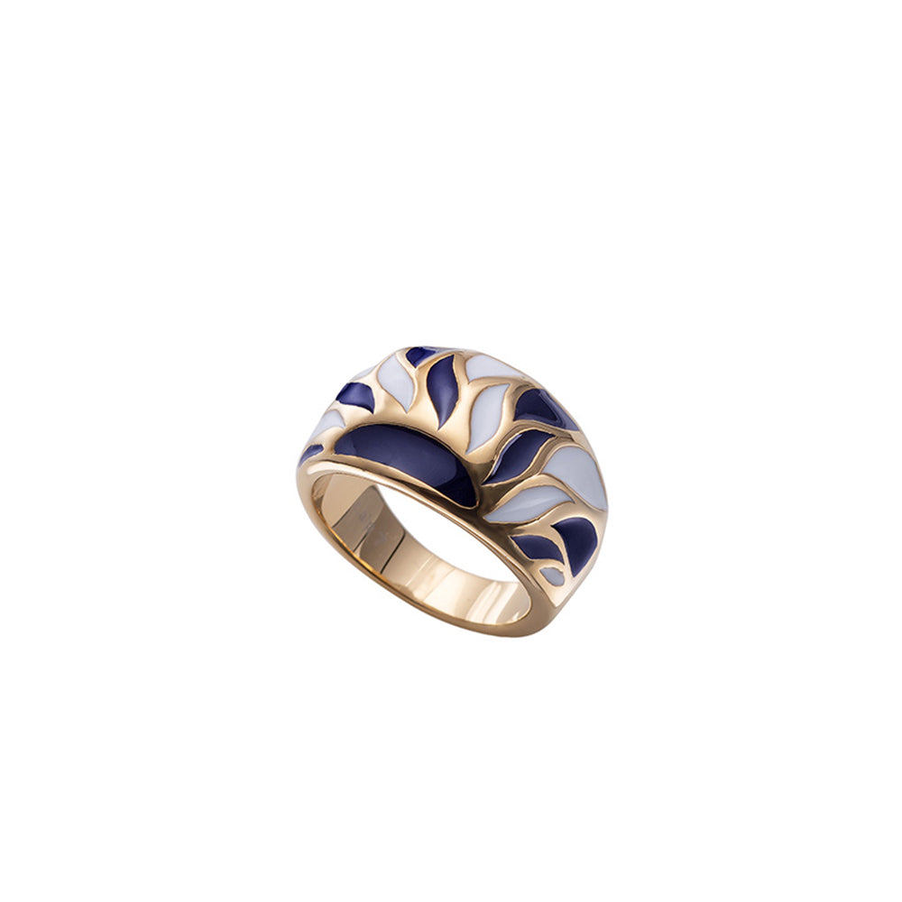 Vergoldeter Ring mit breitem Band, blau-weißes Emaille-Blattmuster, edler Damenring von Crystalp