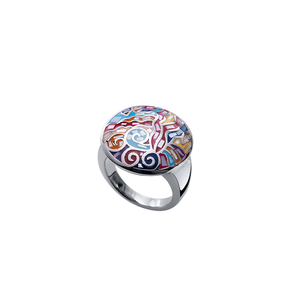 Silberner Ring mit großem runden Aufsatz, buntes abstraktes Emaille-Muster, exklusiver Modeschmuck von Crystalp