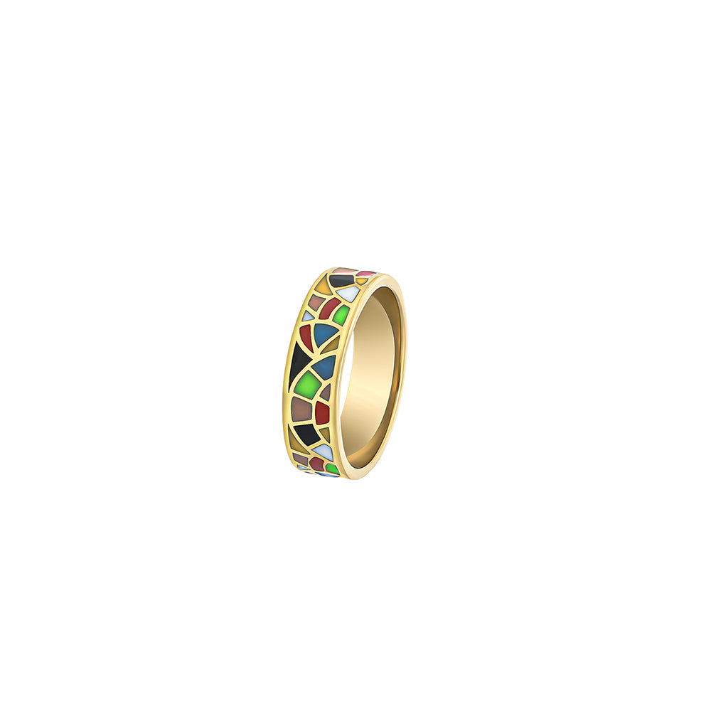 Vergoldeter Ring mit buntem Mosaik-Emaille-Design, stilvoller Modeschmuck von Crystalp