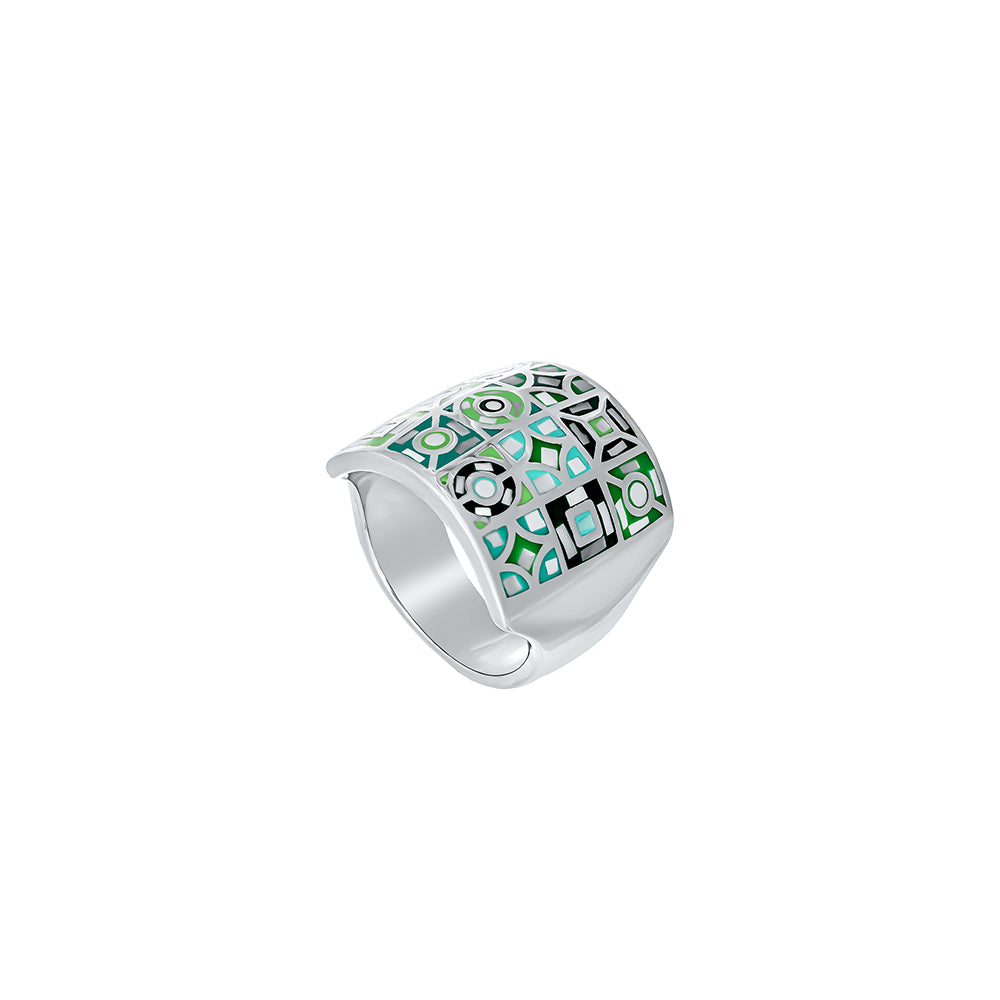 Breiter silberner Ring mit grün-schwarzem geometrischem Emaille-Muster, exklusiver Modeschmuck von Crystalp