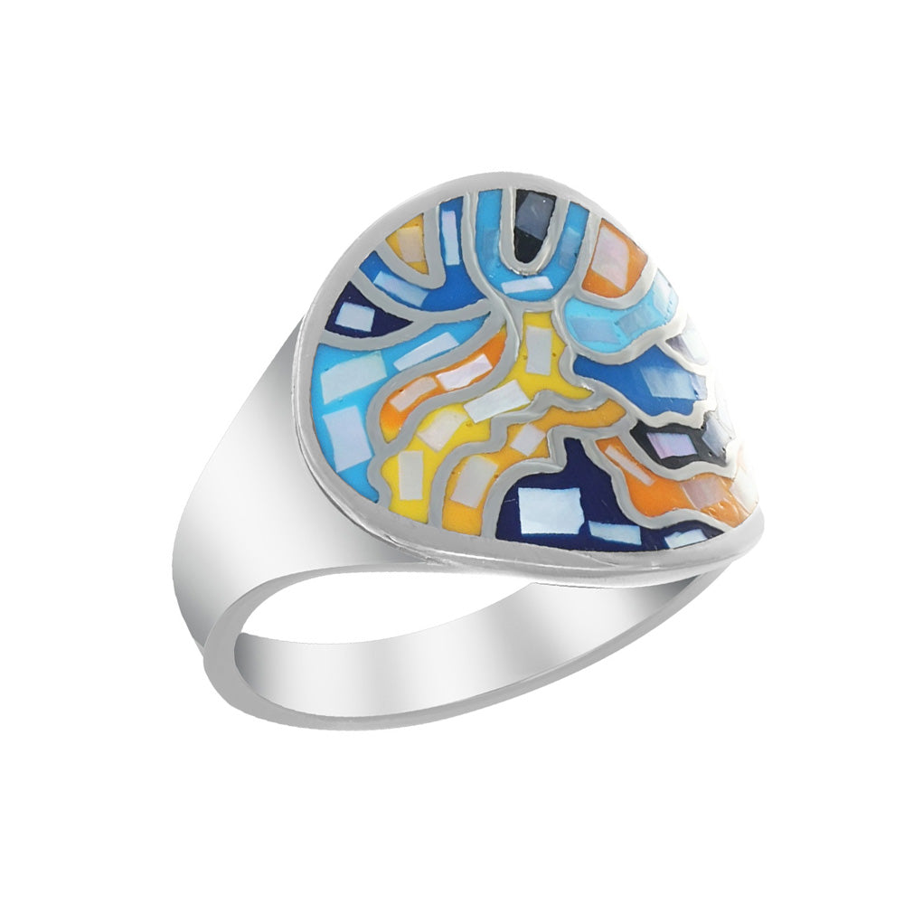 Edelstahl Ring silber mit Mosaik in Blau Gelb Orange inspiriert von sternenklarer Nacht kunstvoll und modern