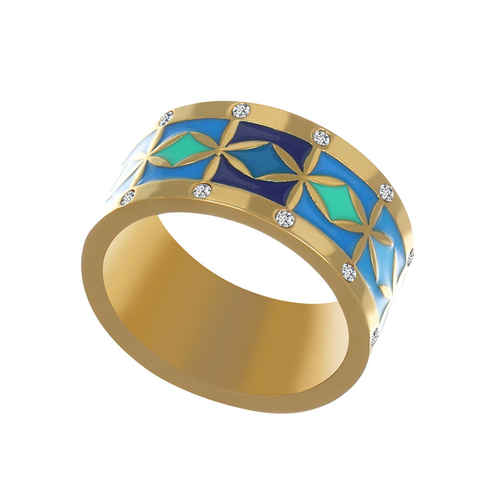 Edelstahl Ring gold mit blauer und grüner Emaille verziert mit Kristallen inspiriert von Al Andalus Ornamentkunst
