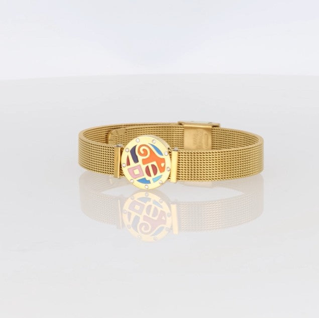 Feingliedriges goldfarbenes Mesh-Armband mit rundem buntem Ornament, Marke Crystalp