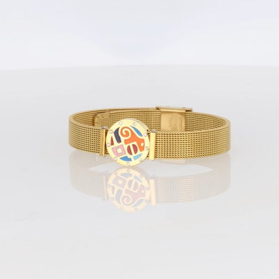 Feingliedriges goldfarbenes Mesh-Armband mit rundem buntem Ornament, Marke Crystalp