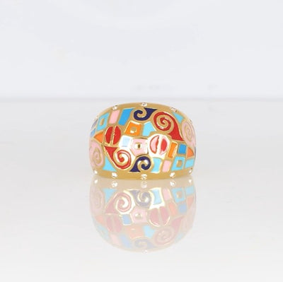 Vergoldeter Statement-Ring mit buntem Emaille-Mosaik und Zirkonia-Akzenten, auffälliger Damenring von Crystalp