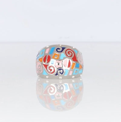 Silberfarbener Statement-Ring mit buntem Emaille-Mosaik und Zirkonia-Akzenten, auffälliger Damenring von Crystalp