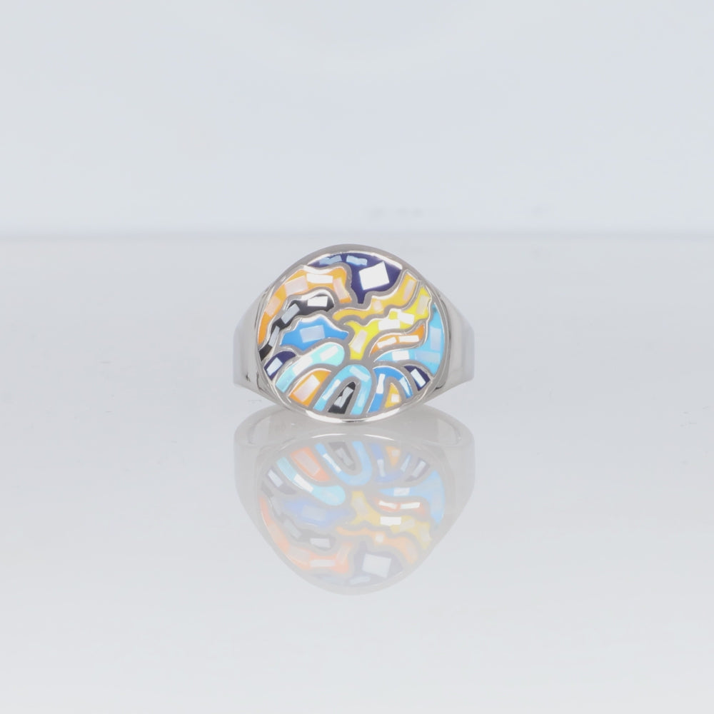 Edelstahl Ring silber mit Mosaik in Blau Gelb Orange inspiriert von sternenklarer Nacht kunstvoll und modern